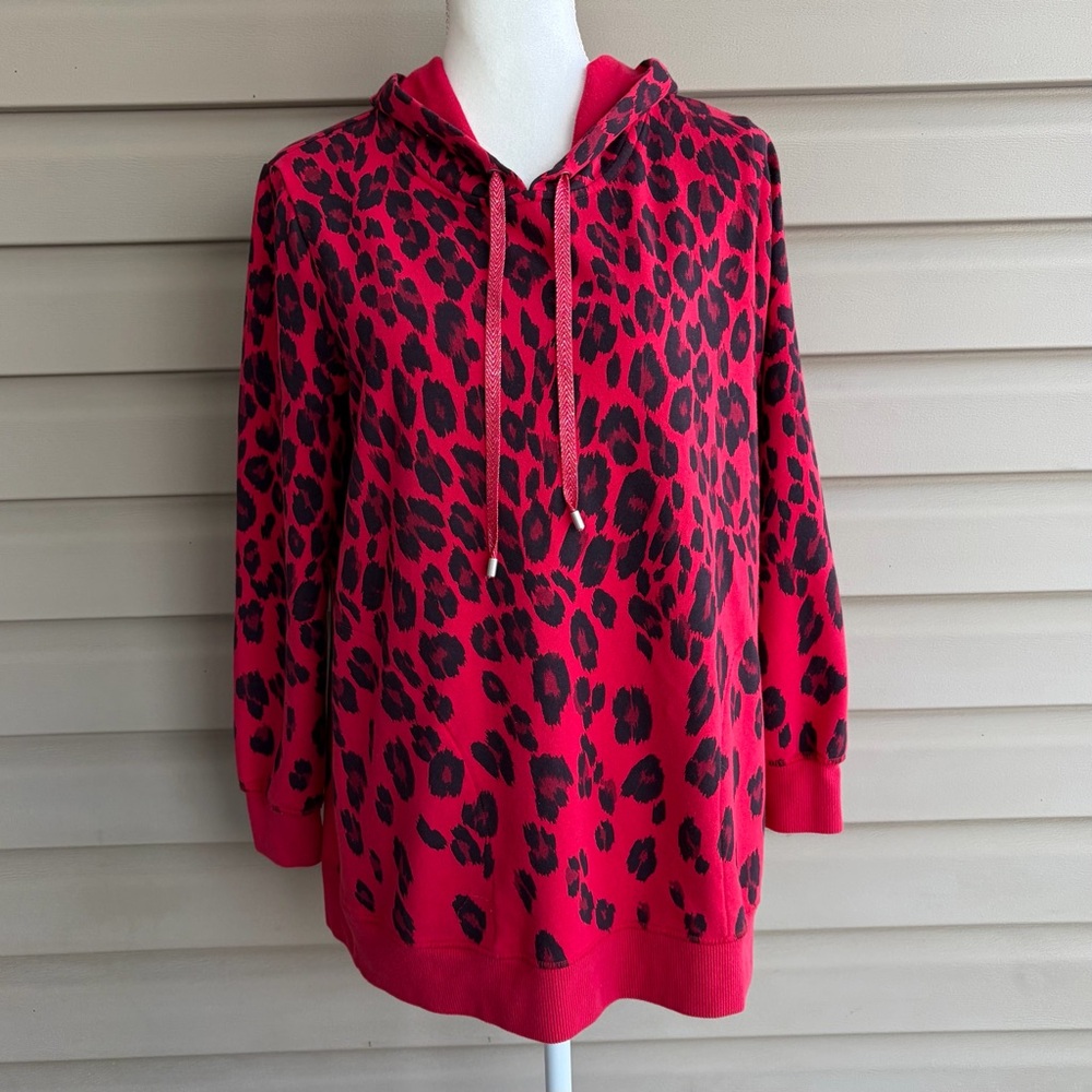 •Chico’s• Zenergy Red Leopard Print Hooded Tunic Sweatshirt - Size 8/10